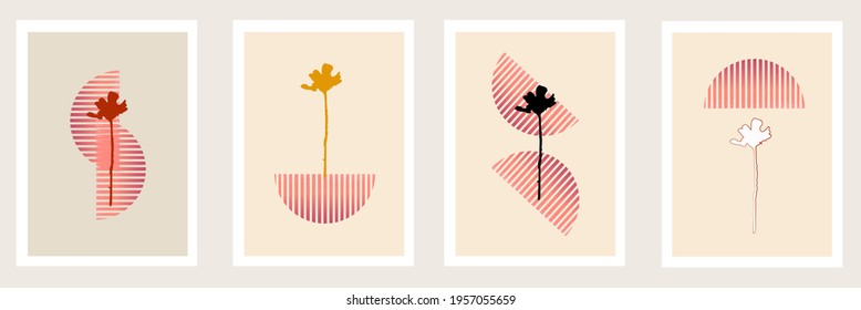 Set of boho wall art with abstract flower and geometric shapes. Neutral colors. 