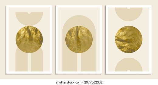 Set of Boho wall decor in golden tone with rainbow and the sun. Modern mid century posters. Minimalistic line vector illustration with abstract geometric shapes for print, cover, wallpaper, and other.