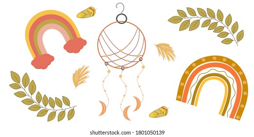A set of boho-style items isolated on a white background. Dream catcher, rainbows, feathers and leaf branches for decorating postcards or magazines. Vector illustration in a flat cartoon style.