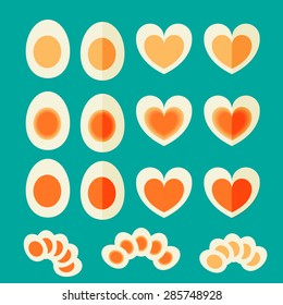 Set of boiled egg in flat icon style, heart sharp, slice formation, and half-sharp.