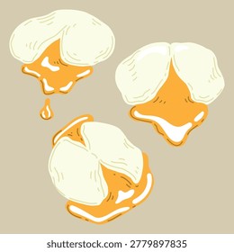 Set of boiled eggs with runny yolks. Hand drawn flat vector. Flowing filling. Breakfast food. Poached egg. Color art illustration.