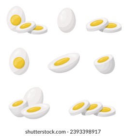 Un juego de huevos cocidos. Huevos enteros sin conchas, mitades, trozos y rodajas. Ilustración del vector