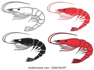 Set of boiled prawns or tiger prawns isolated on white background. Fresh Seafood.Vector illustration.