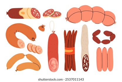 Set of boiled and smoked sausage products, frankfurter, whole sausage, half, sliced, boiled pork, string of sausages. Food, meat dish. Color vector illustration isolated on white