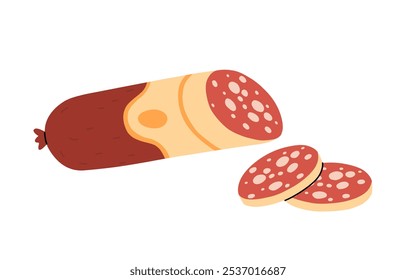 Set of boiled and smoked sausage products, frankfurter, whole sausage, half, sliced, boiled pork, string of sausages. Food, meat dish. Color vector illustration isolated on white