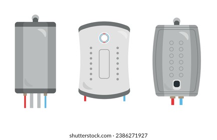 Set of boilers in a cartoon style. Vector illustration of different types of boilers for heating water isolated on white background. Modern device for home water heating. Interior element.
