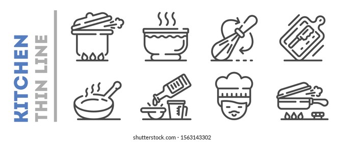 Set of boiling, frying, mixing, grilling thin line icons isolated on white. Kitchen staff, supplies logos, outline pictograms collection. Food preparation highlights vector elements for infographic.