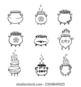 Set of boiling magic cauldron. Hand drawn vector illustration isolated on white background.