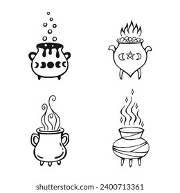 Set of boiling magic cauldron. Hand drawn vector illustration isolated on white background.