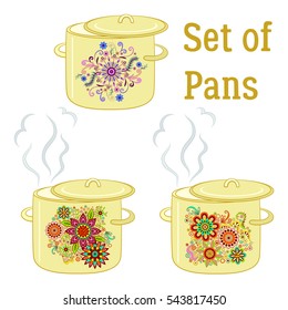 Set of Boiling Pans with Floral Patterns, Cover and Steam, Element for Your Design. Vector