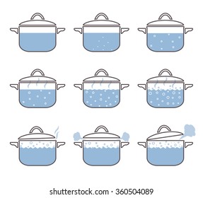 Set of boiling saucepan. Isolated on white background. Flat vector illustration. 