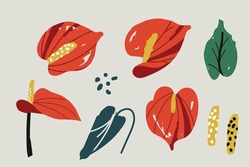 Set Of Bold Abstract Flowers Anthurium, Beautiful Hand Drawn Blossoms And Leaves Perfect For Postcards, Wallpaper, Pattern Fills, Web Page Background, Surface Textures. Modern Bold Florals