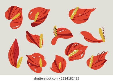 Set of Bold abstract flowers anthurium, beautiful hand drawn blossoms and leaves perfect for postcards, wallpaper, pattern fills, web page background, surface textures. Modern bold florals