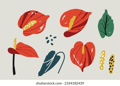 Set of Bold abstract flowers anthurium, beautiful hand drawn blossoms and leaves perfect for postcards, wallpaper, pattern fills, web page background, surface textures. Modern bold florals