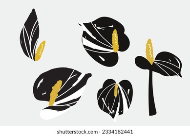 Set of Bold abstract flowers anthurium, beautiful hand drawn blossoms and leaves perfect for postcards, wallpaper, pattern fills, web page background, surface textures. Modern bold florals