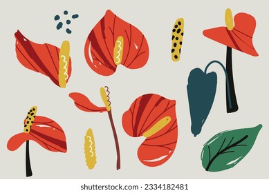 Set of Bold abstract flowers anthurium, beautiful hand drawn blossoms and leaves perfect for postcards, wallpaper, pattern fills, web page background, surface textures. Modern bold florals