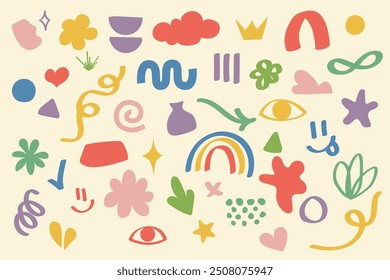 set of bold abstract objects element. hand drawn doodles. kids hand drawing. organic shapes. simple flower, cloud, line. Modern contemporary figures, various organic shapes and doodle objects