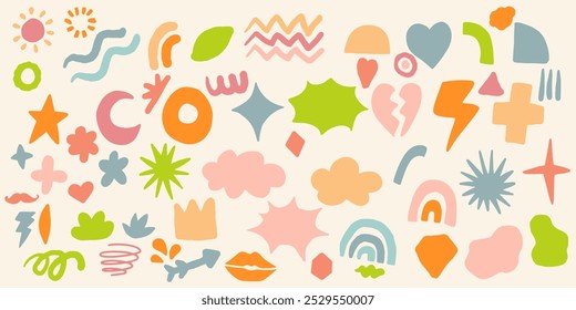 set of bold abstract objects element. handdrawn doodles. kids hand drawing. organic shapes. girl color. simple flower, thunder, cloud, line. eps 10