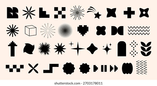Conjunto de formas retrô abstratas negrito e formas geométricas, elementos, símbolos e ícones mínimos, perfeito para uso em design moderno, branding, layouts digitais, web UI e cartazes. Ilustração vetorial 