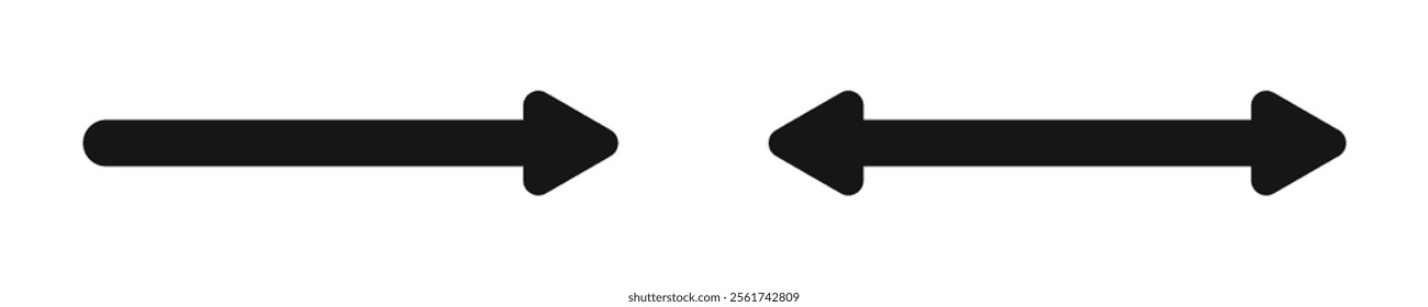 Set of bold arrow and double arrow icons. Next or look here symbols. Black pointer, direction or position and reverse, two-sided or width signs isolated on white background. Vector illustration.