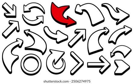 A set of bold arrows featuring various dynamic designs. Includes a standout red arrow among predominantly black and white styles. Great for icons, infographics, and creative layouts.