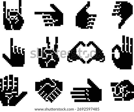 Set of bold black 8 bit pixel art hand gestures, including peace, love, OK, and thumbs up. Retro digital aesthetic with simplified shapes, evoking early iconography and nostalgic gaming styles.