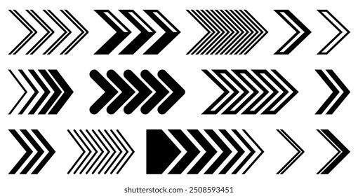 Un conjunto de iconos de flecha geométrica negra con varios diseños lineales y sólidos, perfecto para la navegación digital y las interfaces modernas. Ilustración vectorial.