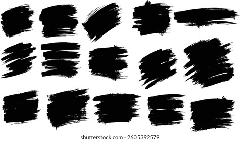 A set of bold black grunge brush strokes with rough textures and ink splatters. These hand-drawn brushstroke elements are ideal for artistic designs, abstract backgrounds, banners, posters