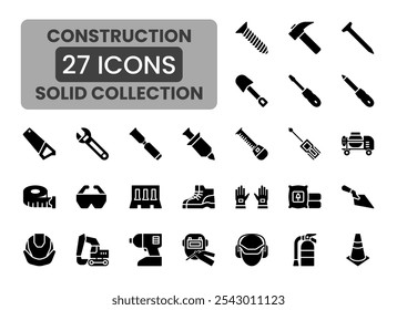 Un conjunto de iconos negros y audaces que representan varias herramientas de construcción. Estos iconos serían ideales para crear una fuerte identidad visual para empresas de construcción, ferreterías o proyectos de bricolaje.