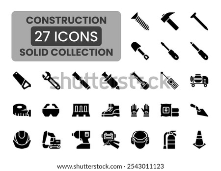 A set of bold, black icons depiciting various construction tools. These icon would be ideal for creating a strong visual identity for construction companies, hardware store, or DIY projects.