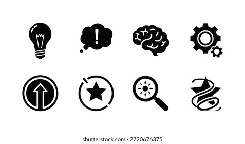 A set of bold, black icons showcases concepts with a striking silhouette style.