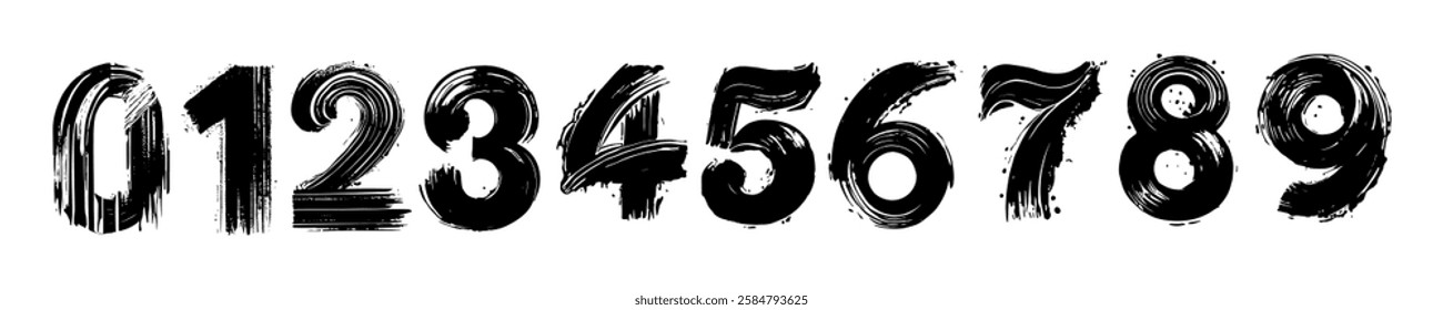 A set of bold black numbers from 0 to 9 designed with a grunge brush stroke style on a white background. Vector illustration