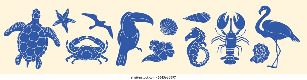 Conjunto de silhuetas azul de animais tropicais. Inclui caranguejo, tartaruga, flamingo, tucano, lagosta, estrela-do-mar e aves marinhas. Ideal para o verão, praia, e projetos temáticos do oceano, impressões, adesivos e decoração.