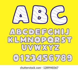 Set of bold, bright, cartoon letters. Font for childish design of postcards, posters and stickers.