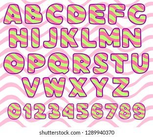 Set of bold, bright, cartoon letters. Font for childish design of postcards, posters and stickers.