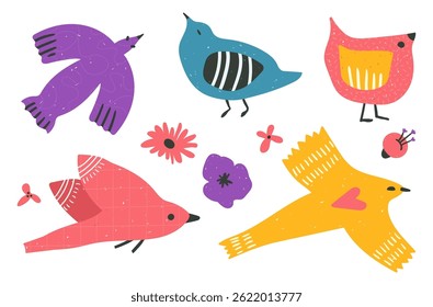 Un conjunto de pájaros y flores populares dibujados a mano audaces y brillantes aisló las artes del Clip en un estilo ingenuo primitivo, la Ilustración vectorial