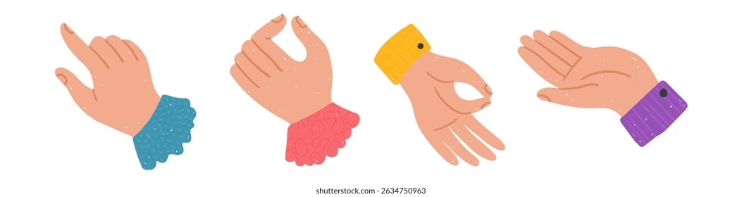 A set of bold, brightly hand-drawn human hands isolated clip arts, various hand gestures in a primitive naive style, vector illustration