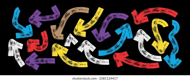 Set of Bold brush drawn curved and wavy arrows. Multicolored doodle marker thick arrows in different directions. Vector illustration