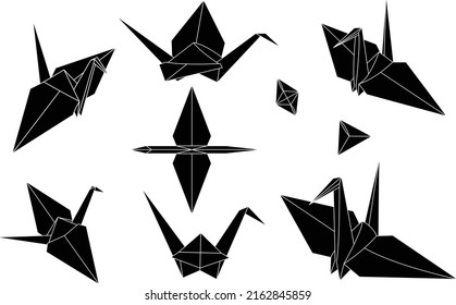 Set of bold crane origami vector illustrations, simple black silhouette designs, flat style, isolated, geometric, minimalist birds