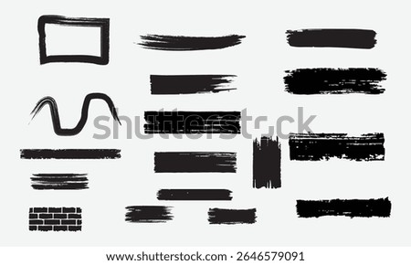 Set of Bold Dried Brush Strokes, Grunge Acrylic Textures, Hand-Drawn Lines, and Stencil Silhouettes on White Background