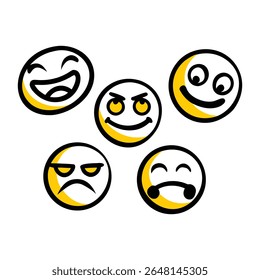 Set of bold and expressive cartoon emoji faces showing emotions like anger, sadness, joy, sarcasm, and mischief. Perfect for stickers, comics, chats, or reaction-based graphics.