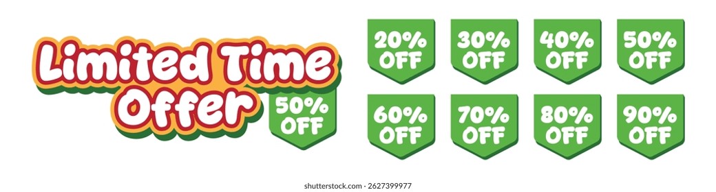 Set of bold, eye catching sale tags with discount percentages from 20 to 90 percent off, perfect for limited time offers, retail promotions, online sales, posters, and banners.