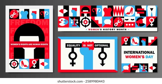 Set of Bold feminist posters, banners in geometric Bauhaus style with symbolic illustration: equality, empowerment, women's rights, strength concept. Feminism movement. International Women's Day cards