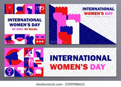 Set of bold feminist posters, banners, cards in geometric Bauhaus style with symbolic icons in squares: equality, empowerment, women's rights and strength. Feminism movement. International Women's Day