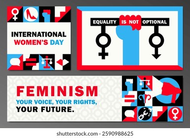 Set of bold feminist posters, banners, cards in geometric Bauhaus style with symbolic icons in squares: equality, empowerment, women's rights and strength. Feminism movement. International Women's Day