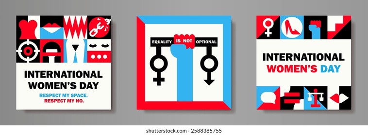 Set of bold feminist square posters in geometric Bauhaus style with symbolic icons in squares: equality, empowerment, women's rights and strength. Feminism movement. International Women's Day cards