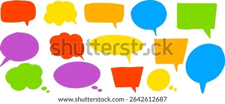 Set of bold flat comic-style speech and thought bubbles in bright solid colors. Ideal for posters, comics, stickers, infographics, and modern graphic design projects