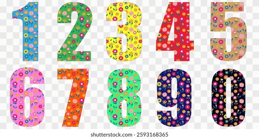 Set of Bold Floral Numbers with Colorful Flower Patterns on a Transparent Background  Decorative and Artistic Typography for Creative Designs