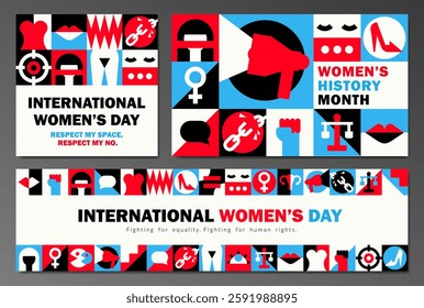 Set of bold geometric feminist banners, posters, cards for Women's History Month, International Women's day with powerful geometric illustration. Gender equality, self empowerment, human rights art