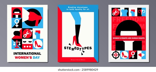 Set of bold geometric feminist posters, cards for Women's History Month, International Women's day with powerful geometric illustration. Gender equality, self empowerment, human rights modern art